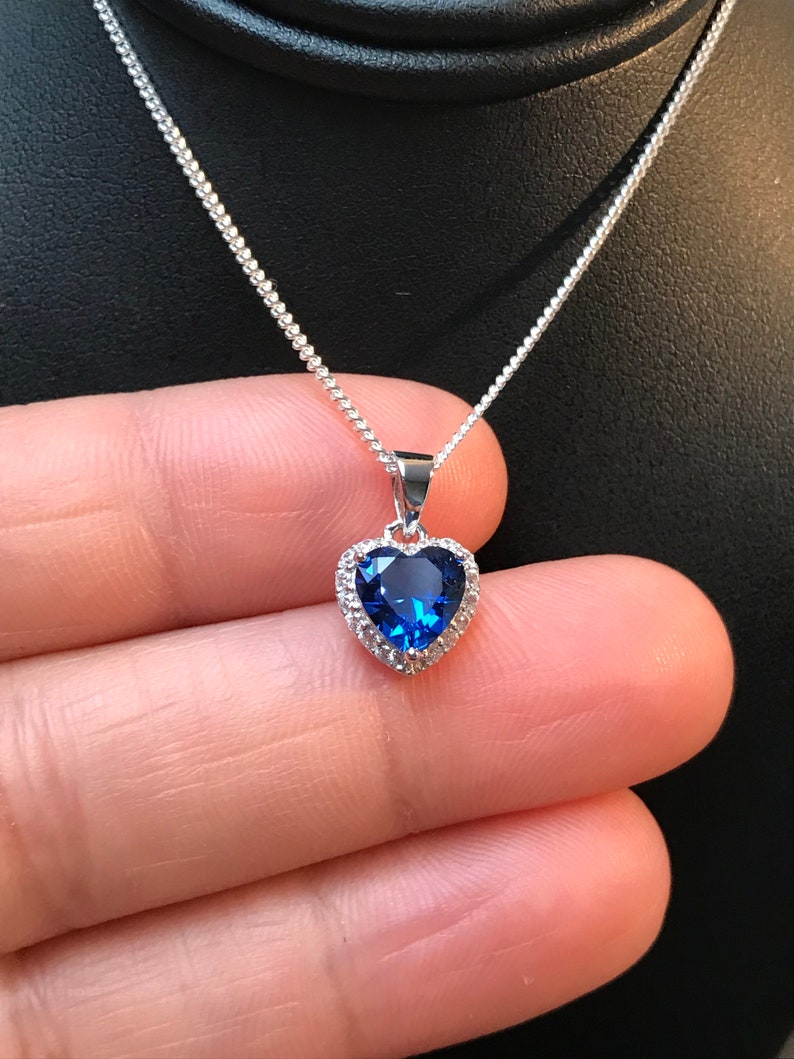 Blue Sapphire Heart Necklace, Sterling Silver September Birthstone Necklace, Sapphire Heart Pendant 