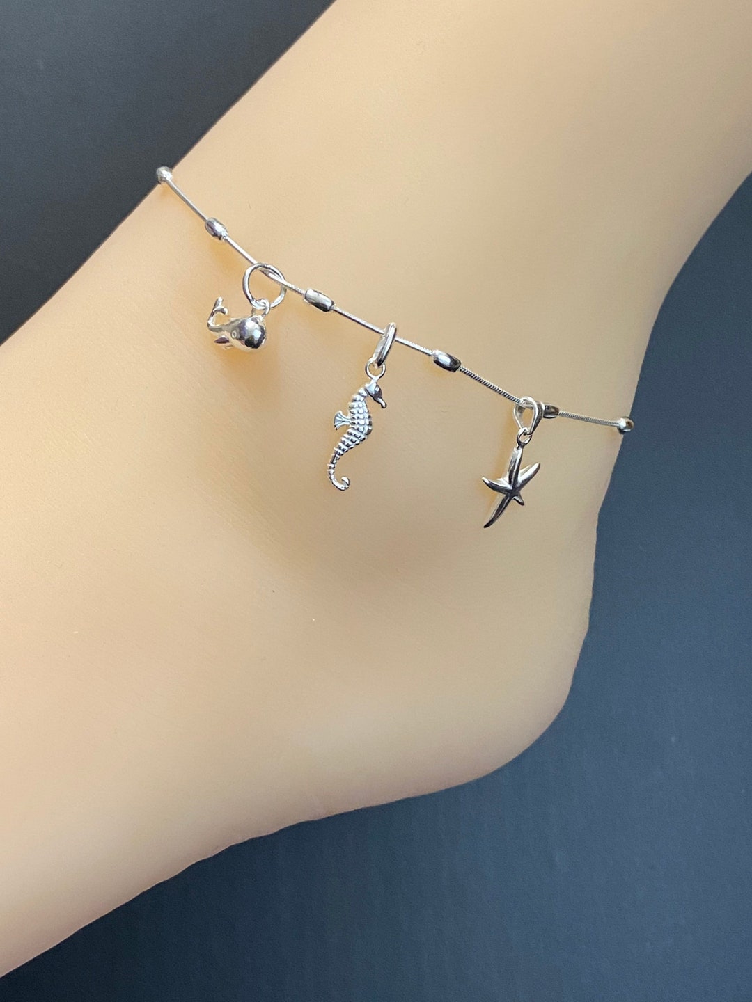 Seahorse and Whale Anklet, Sterling Silver Beaded Ankle Bracelet