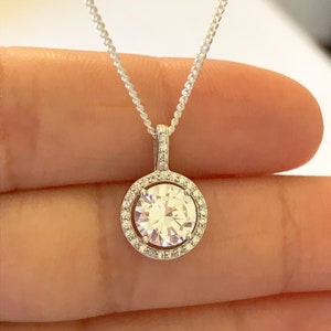 Cz Halo Necklace, Sterling Silver, Clear Cubic Zirconia Pendant, Wedding Necklace, Minimalist Dainty Bridal Necklace