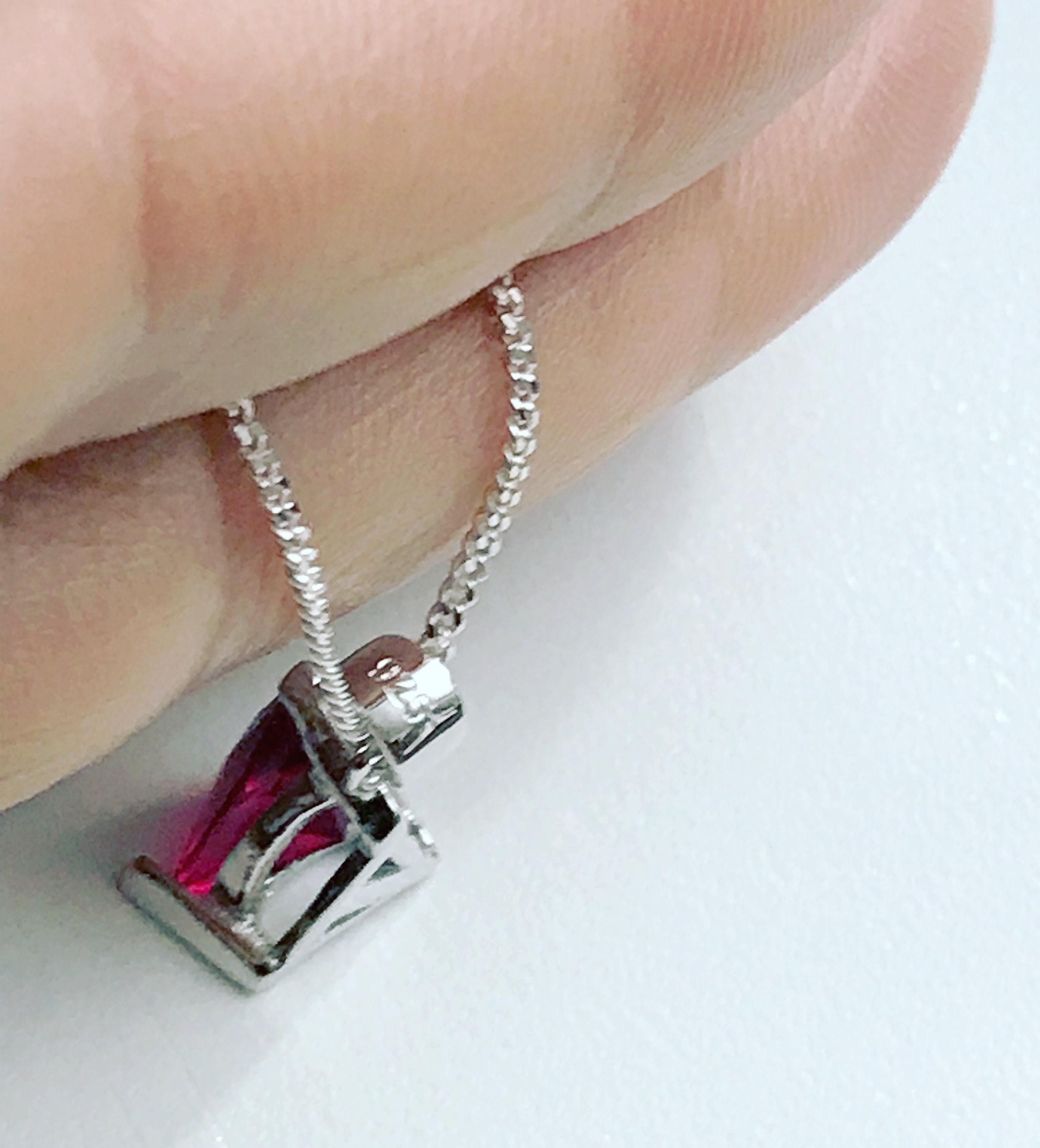 Trillion Ruby Necklace, Sterling Silver CZ Necklace, Triangle