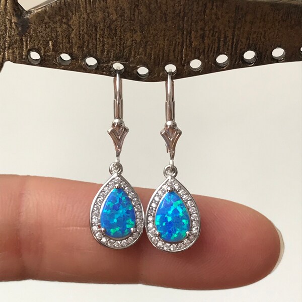 Blue Opal Earrings~Sterling Silver Opal Teardrop Dangle Earrings~ Wedding Bridal Earrings