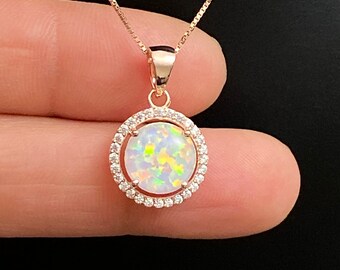 Rose Gold Opal Necklace, Fire Opal Wedding Necklace, October Birthstone Jewelry, Round White Opal Pendant