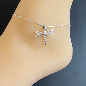 Dragonfly Anklet, Sterling Silver Beaded Ankle Bracelet, Filigree Dragonfly Charm Anklet, Memorial Jewelry, Boho Foot Jewelry