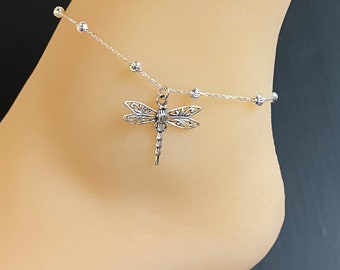 Dragonfly Anklet, Sterling Silver Beaded Ankle Bracelet, Boho Foot Jewelry, Filigree Dragonfly Anklet, Memorial Jewelry