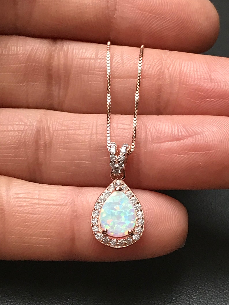 White Fire Opal Necklace, Rose Gold Bridal Necklace, Wedding Necklace, October Birthstone Jewelry, White Opal Teardrop Pendant image 5