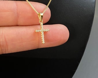 Gold Vermeil Cross Necklace, Tiny CZ Charm Pendant