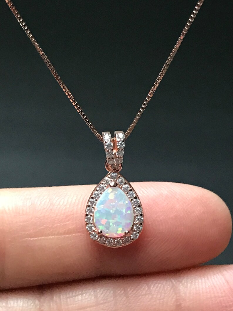 White Fire Opal Necklace, Rose Gold Bridal Necklace, Wedding Necklace, October Birthstone Jewelry, White Opal Teardrop Pendant image 1