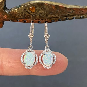 White Opal Earrings, 925 Sterling Silver Dangle Earrings, October Birthstone Jewelry, White Oval Opal and CZ Earrings