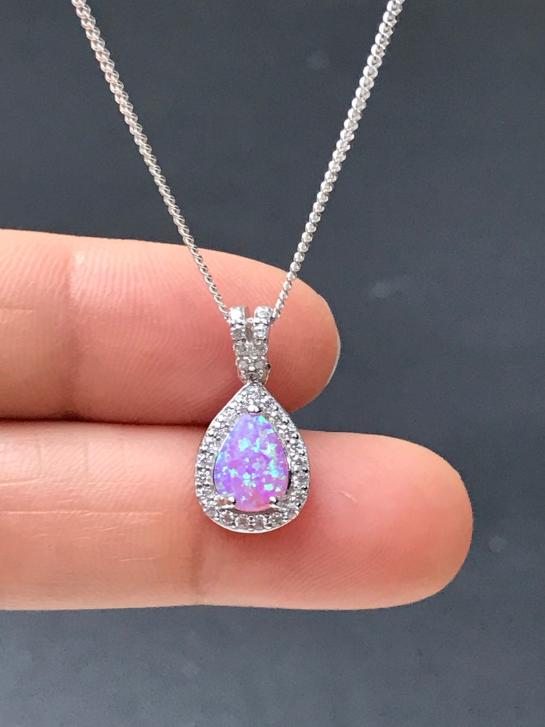 Pink Fire Opal Necklace Sterling Silver Pink Opal Teardrop Pendant October Birthstone Jewelry
