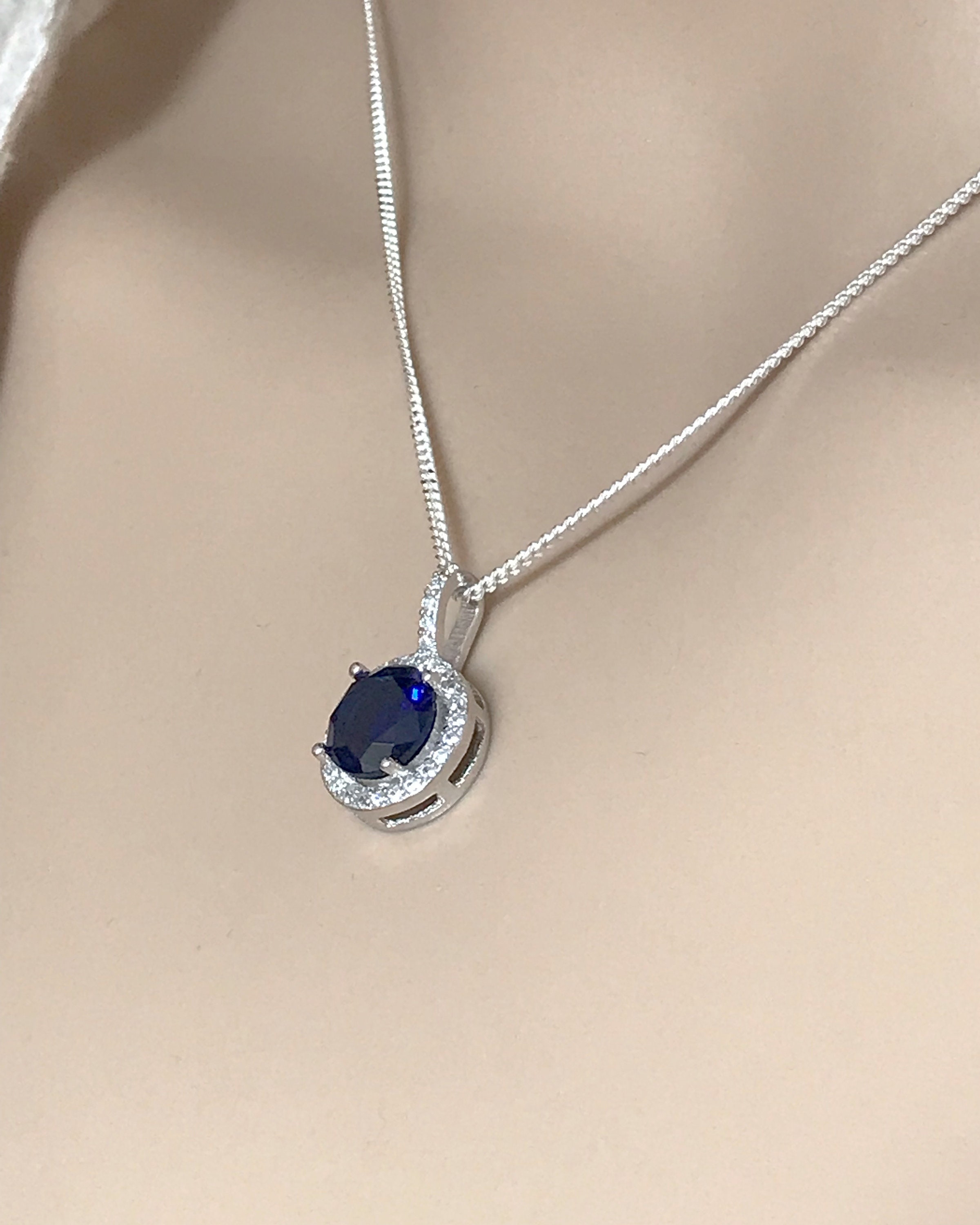 Blue Sapphire Halo Necklace Sterling Silver Wedding Necklace - Etsy