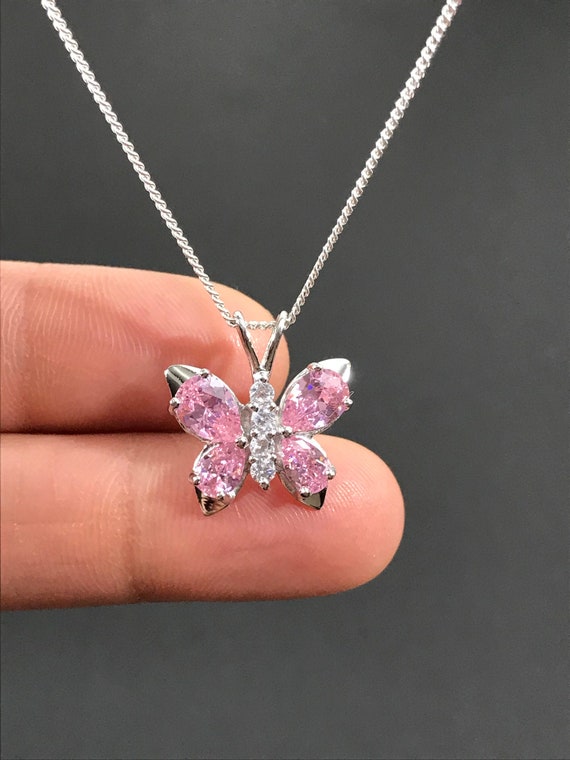 Pink Butterfly Necklace Sterling Silver Pink CZ Pendant October Birthstone Necklace Pink Butterfly Pendant Etsy