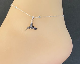 Small Hummingbird Anklet, Sterling Silver Beaded Ankle Bracelet, Dainty Bird Anklet, Hummingbird Lover Gift