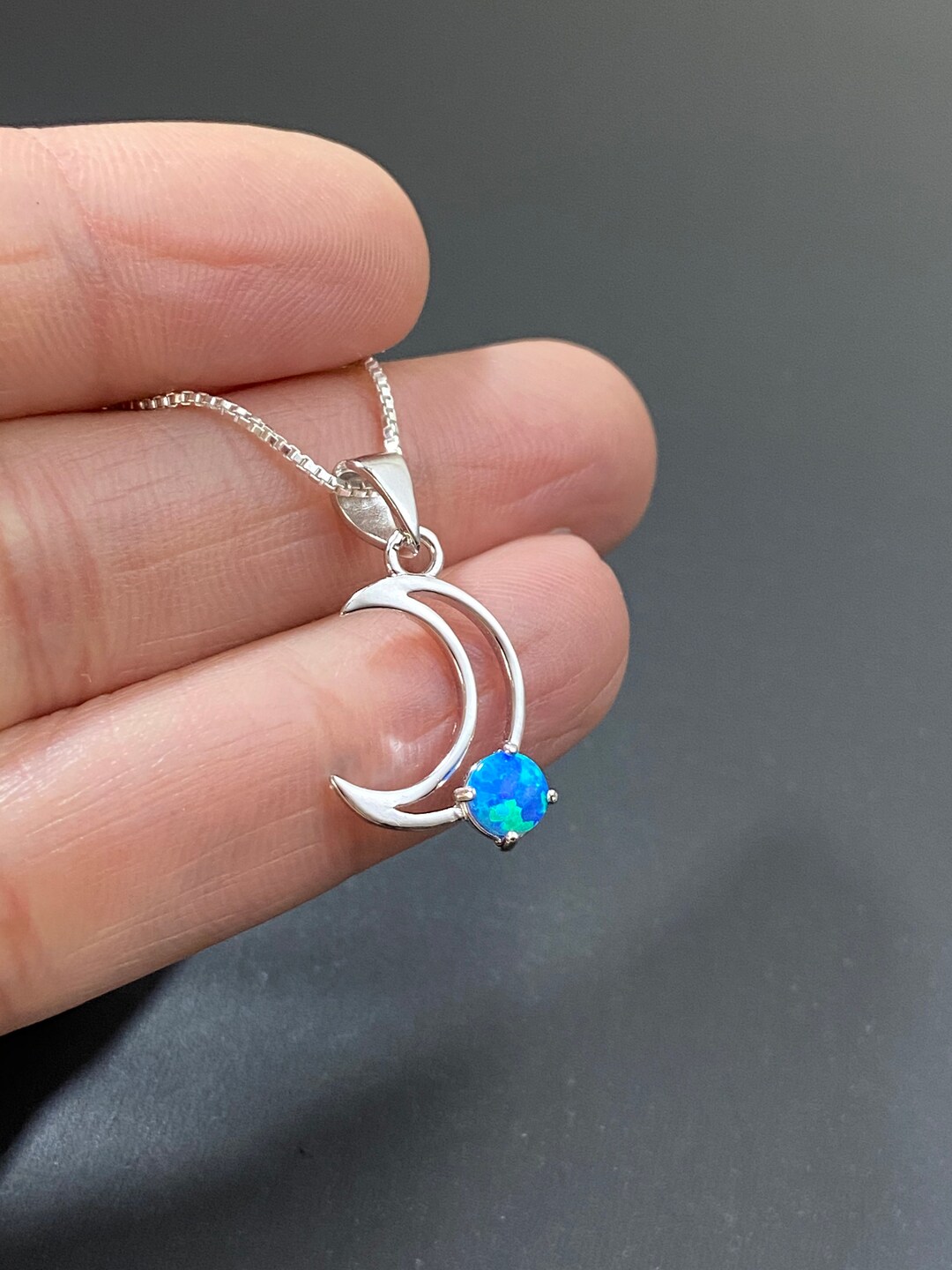 Blue Opal Moon Necklace, Sterling Silver Tiny Crescent Moon Charm ...