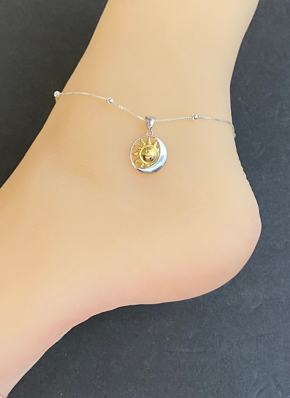 Moon Sun Anklet Sterling Silver Beaded Ankle Bracelet Crescent