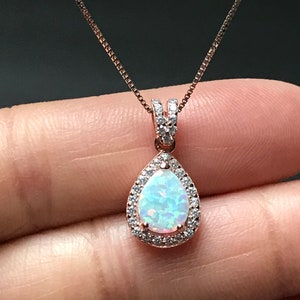 White Fire Opal Necklace, Rose Gold Bridal Necklace, Wedding Necklace, October Birthstone Jewelry, White Opal Teardrop Pendant image 8