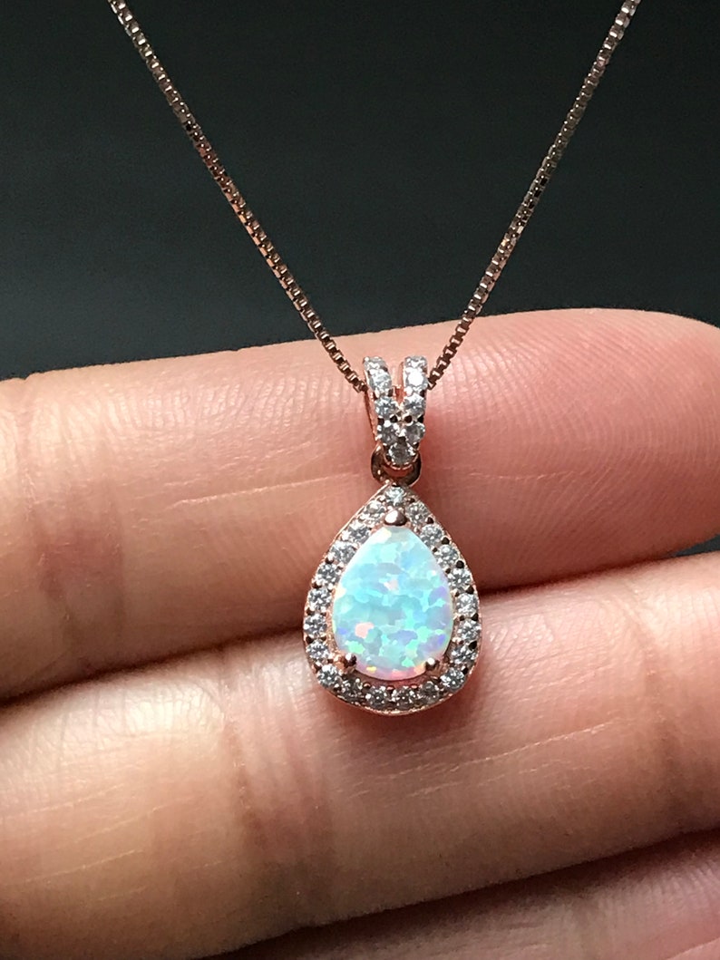 White Fire Opal Necklace, Rose Gold Bridal Necklace, Wedding Necklace, October Birthstone Jewelry, White Opal Teardrop Pendant image 8