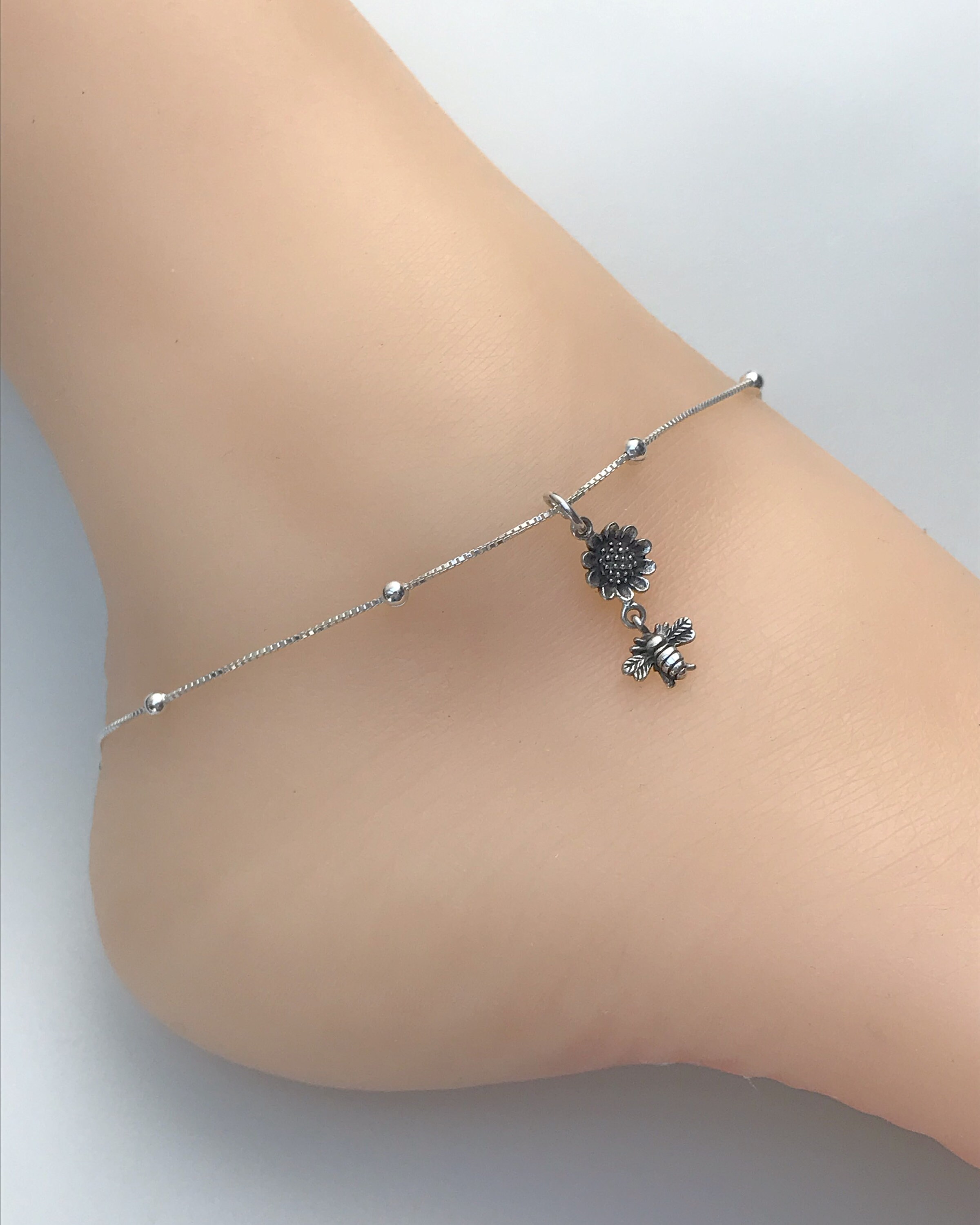 Sunflower Bee Anklet Sterling Silver 