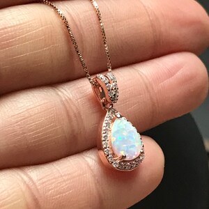 White Fire Opal Necklace, Rose Gold Bridal Necklace, Wedding Necklace, October Birthstone Jewelry, White Opal Teardrop Pendant image 7