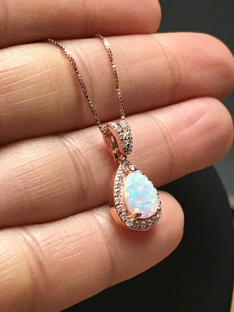 White Fire Opal Necklace, Rose Gold Bridal Necklace, Wedding Necklace, October Birthstone Jewelry, White Opal Teardrop Pendant image 7