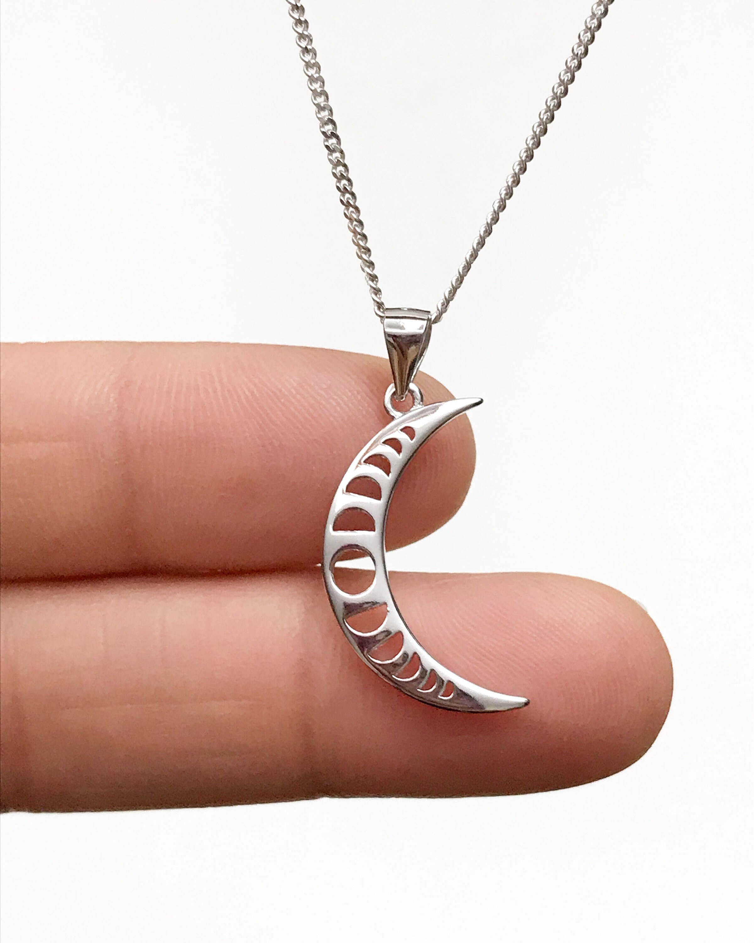 Sterling Silver Moon Phase Necklace, Celestial Crescent Moon Pendant - Etsy
