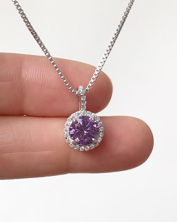 Amethyst Halo Necklace Sterling Silver February Birthstone