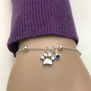 Paw Print Bracelet, Sterling Silver Beaded Bracelet, Dainty Dog Paw Cat Paw Charm Bracelet, Birthstone Bracelet