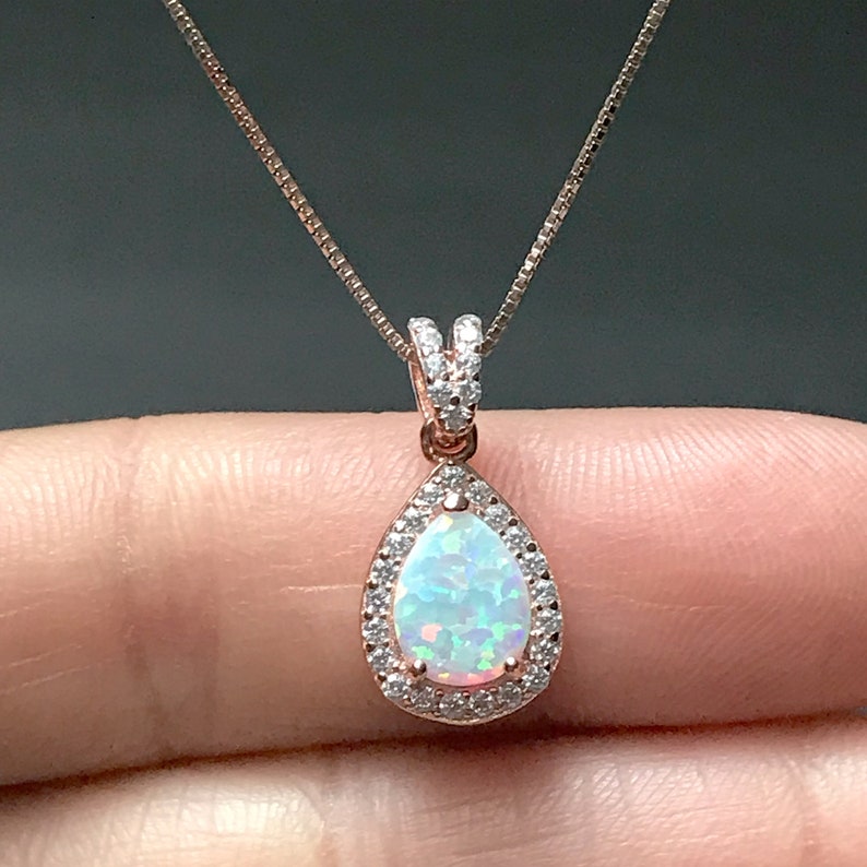 White Fire Opal Necklace, Rose Gold Bridal Necklace, Wedding Necklace, October Birthstone Jewelry, White Opal Teardrop Pendant image 2