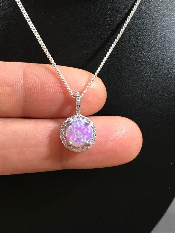 Pink Opal Necklace, Sterling Silver Halo Necklace, October