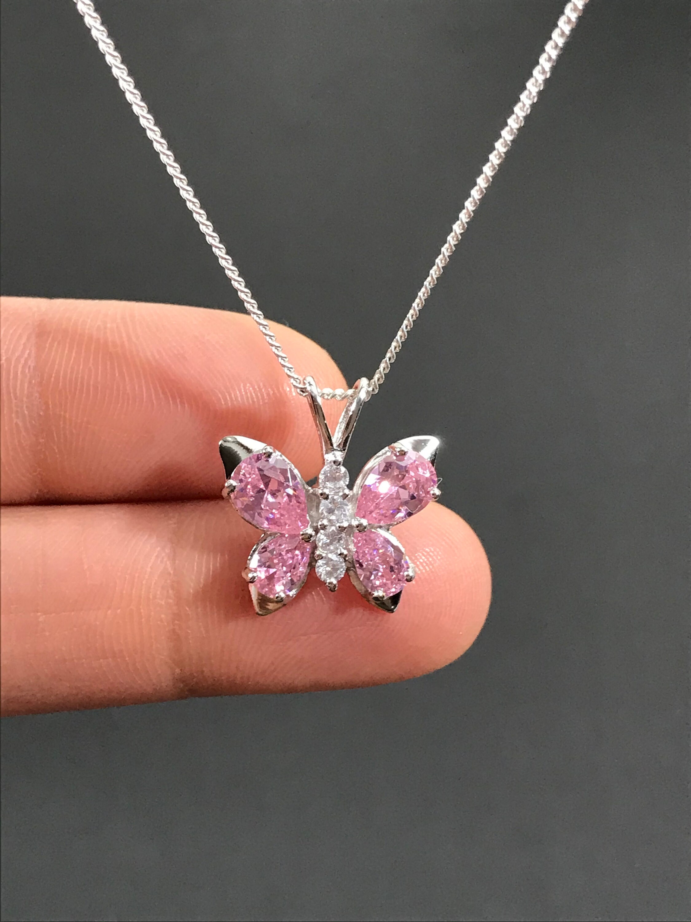 Pink Butterfly Necklace, Sterling Silver Pink CZ Pendant Pink Butterfly Necklace, Sterling Silver Pink CZ Pendant