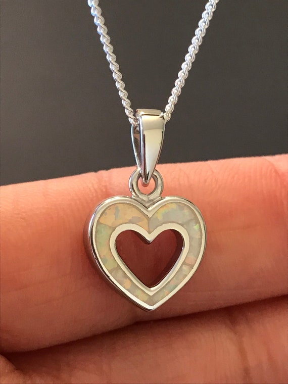 White Opal Heart Necklace Fire Opal Heart Charm Pendant Etsy