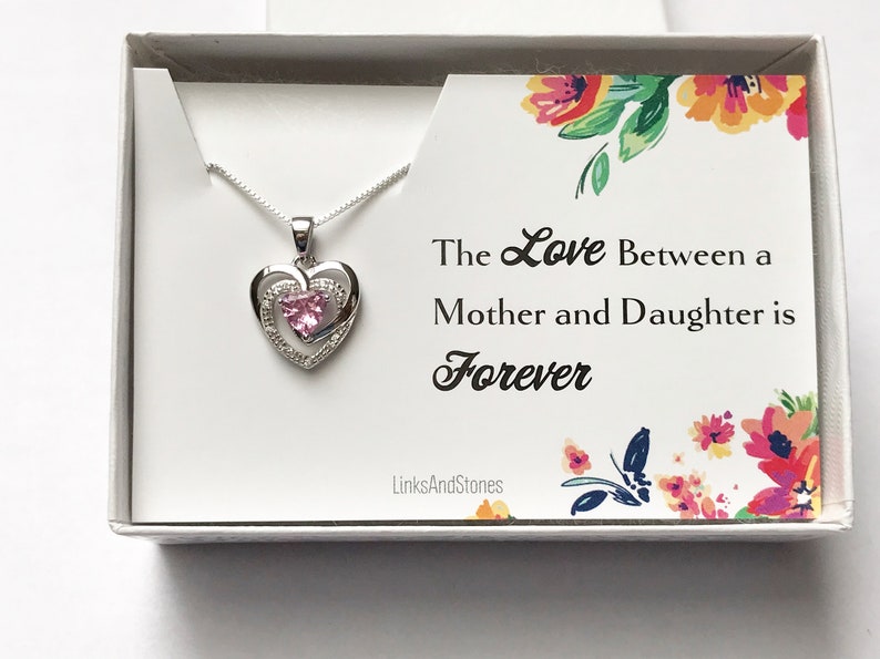 Mother Daughter Jewelry Pink CZ Pendant Small Heart Necklace Gift For Daughter Sterling Silver Dainty Necklace