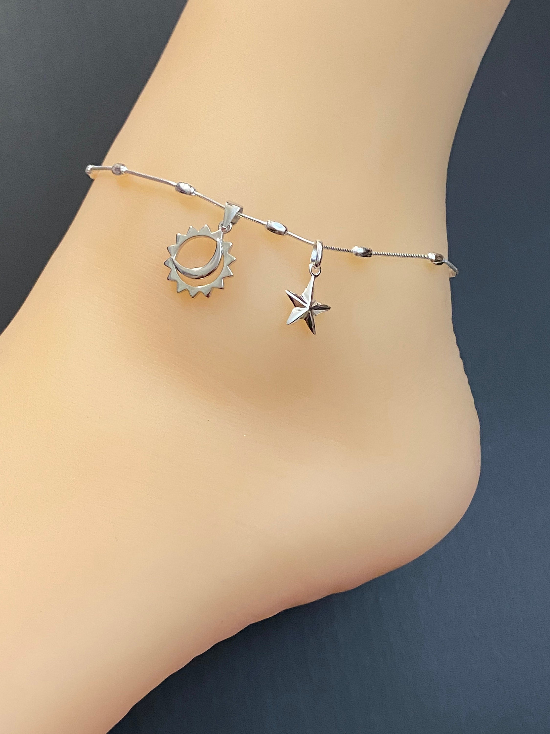 Sun, Moon and Star Anklet, Sterling Silver Beaded Ankle