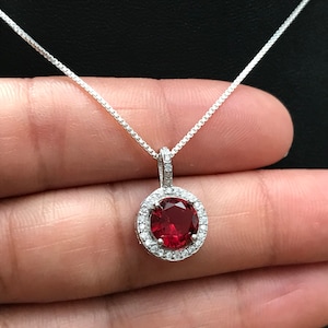 Ruby Halo Necklace, Sterling Silver Red Necklace, Ruby Red Pendant, July Birthstone Jewelry