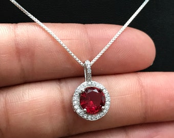 Ruby Halo Necklace, Sterling Silver Red Necklace, Ruby Red Pendant, July Birthstone Jewelry