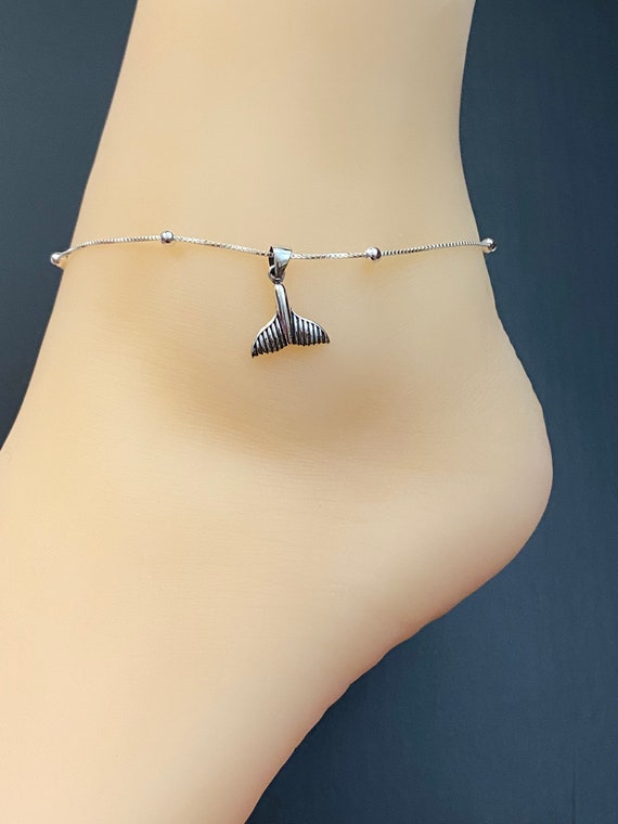 Whale Tail Anklet Sterling Silver Beaded Ankle Bracelet Mermaid Tail Anklet Dolphin Anklet Etsy