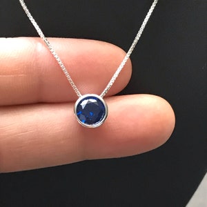 Minimalist Blue Sapphire Necklace, Dainty Sterling Silver Necklace, Sapphire Slider Pendant, September Birthstone Jewelry