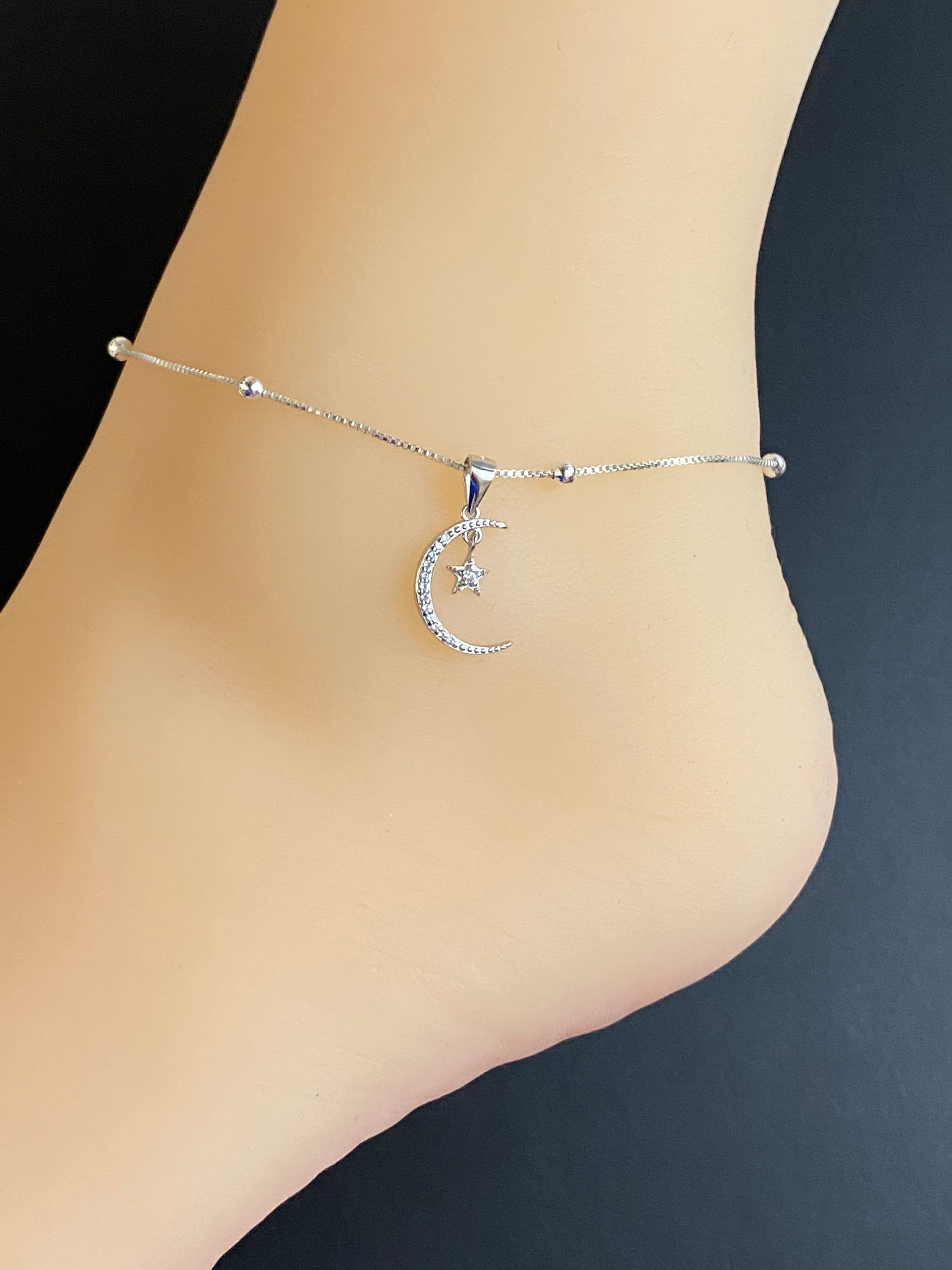 アクセサリー 18K Gold Stars and Moon Anklet gold moon star anklet charm dangle pendant adjustable ankle