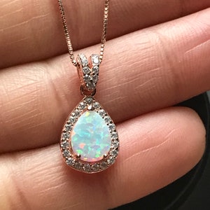 White Fire Opal Necklace, Rose Gold Bridal Necklace, Wedding Necklace, October Birthstone Jewelry, White Opal Teardrop Pendant image 3