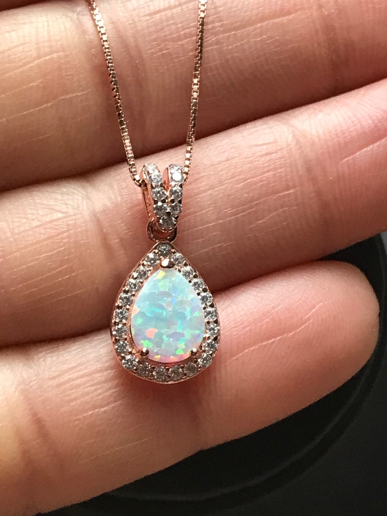 White Fire Opal Necklace, Rose Gold Bridal Necklace, Wedding Necklace, October Birthstone Jewelry, White Opal Teardrop Pendant image 3