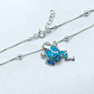 Frog Anklet, Sterling Silver Beaded Ankle Bracelet, Blue Opal Frog Charm Anklet