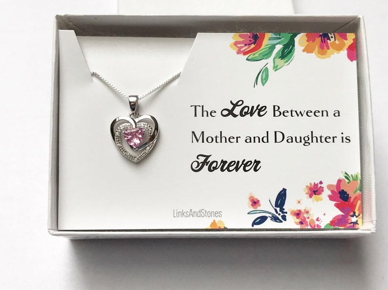 Mother Daughter Jewelry Pink CZ Pendant Small Heart Necklace Gift For Daughter Sterling Silver Dainty Necklace