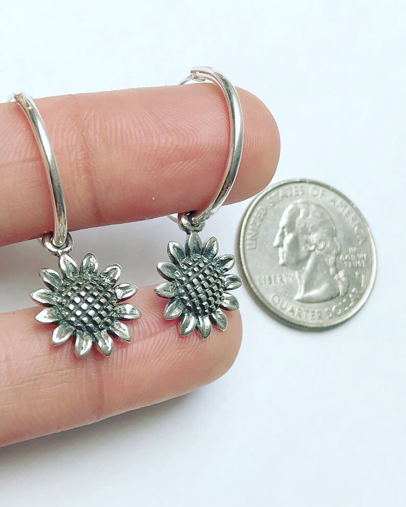 Sunflower Hoop Earrings Sterling Silver Sunflower Charm Etsy