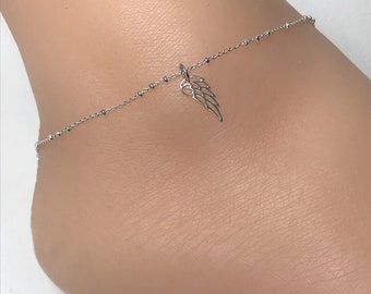 Angel Wing Anklet, Sterling Silver Beaded Ankle Bracelet, Dainty Minimalist Jewelry