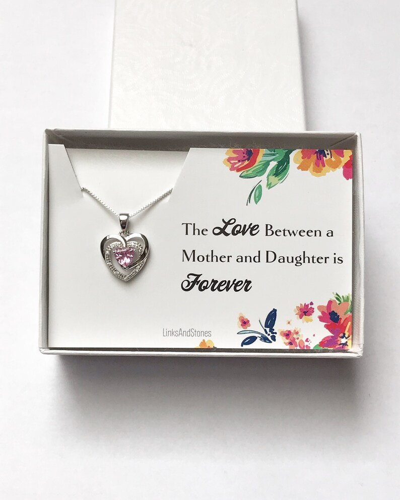 Mother Daughter Jewelry Pink CZ Pendant Small Heart Necklace Gift For Daughter Sterling Silver Dainty Necklace