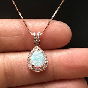 White Fire Opal Necklace, Rose Gold Bridal Necklace, Wedding Necklace, October Birthstone Jewelry, White Opal Teardrop Pendant image 6