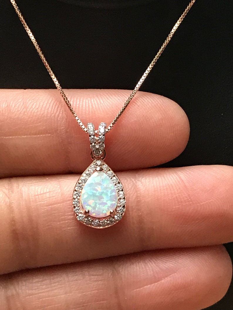 White Fire Opal Necklace, Rose Gold Bridal Necklace, Wedding Necklace, October Birthstone Jewelry, White Opal Teardrop Pendant image 6