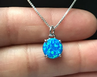 Sterling Silver Blue Opal Necklace, 9mm Opal Pendant