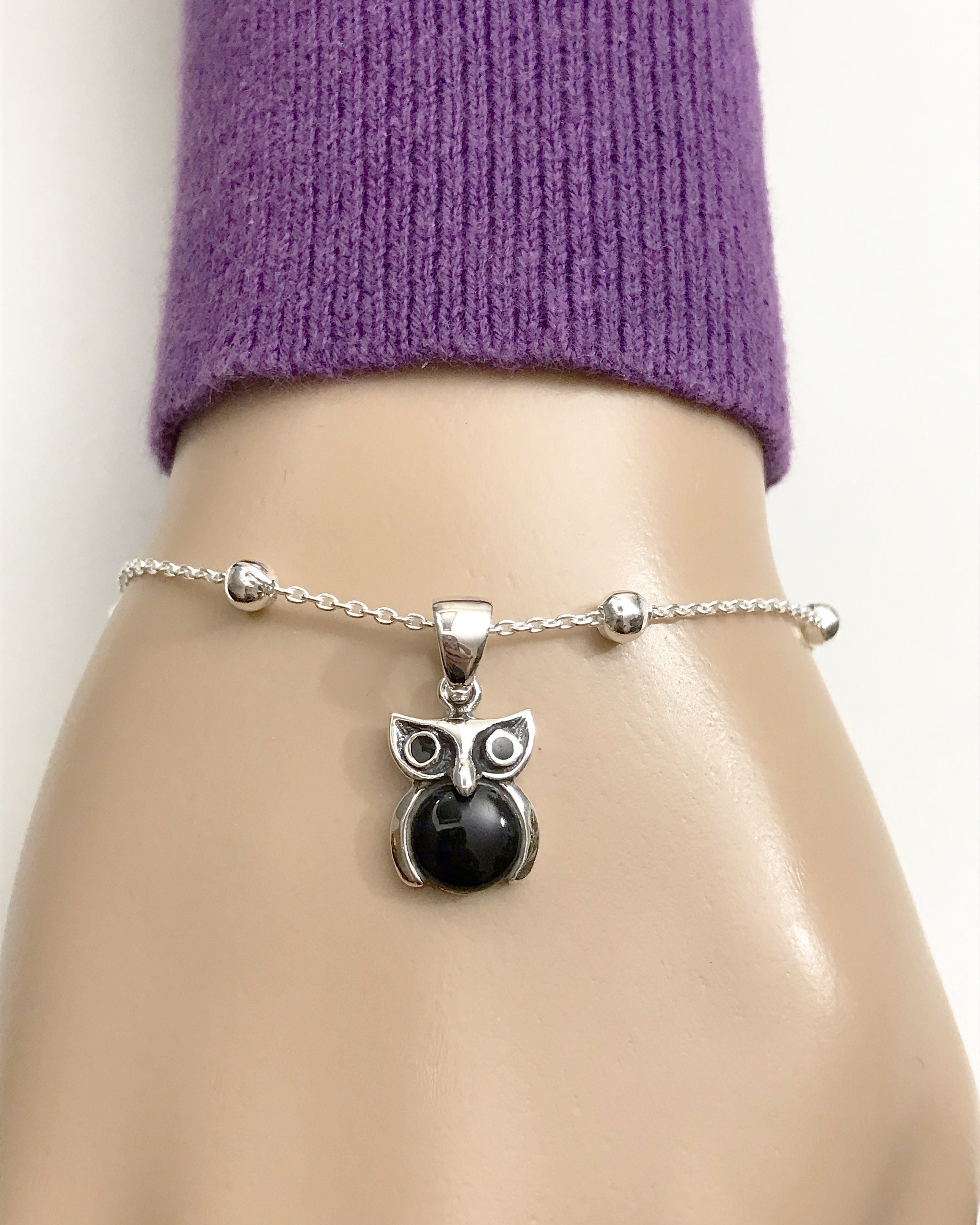Sterling Silver Owl Bracelet, Black Onyx Charm, Beaded Dainty Bracelet