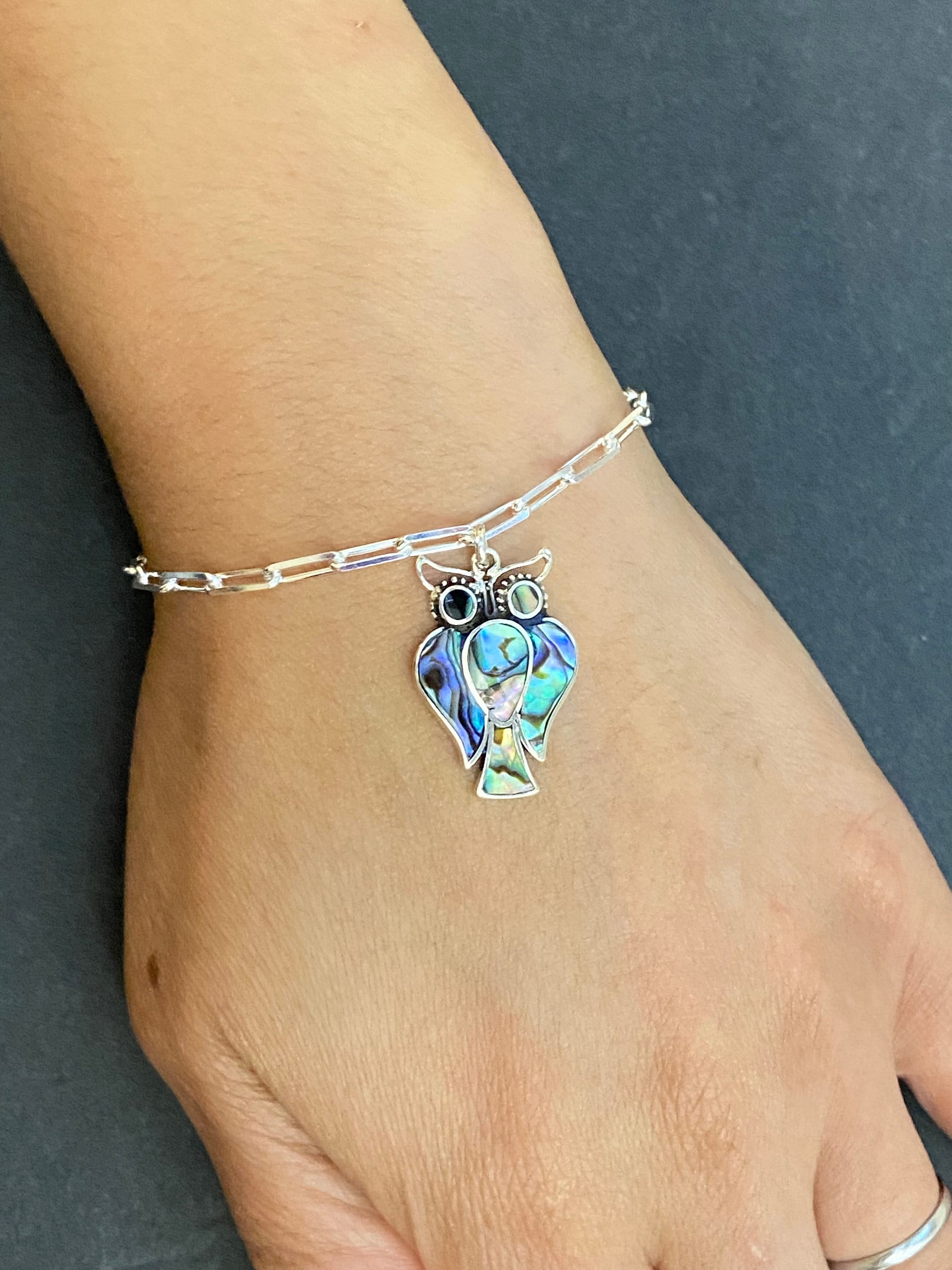 Abalone Shell Owl Bracelet, Sterling Silver Paperclip Bracelet, Dainty Abalone Shell Owl Charm Brace