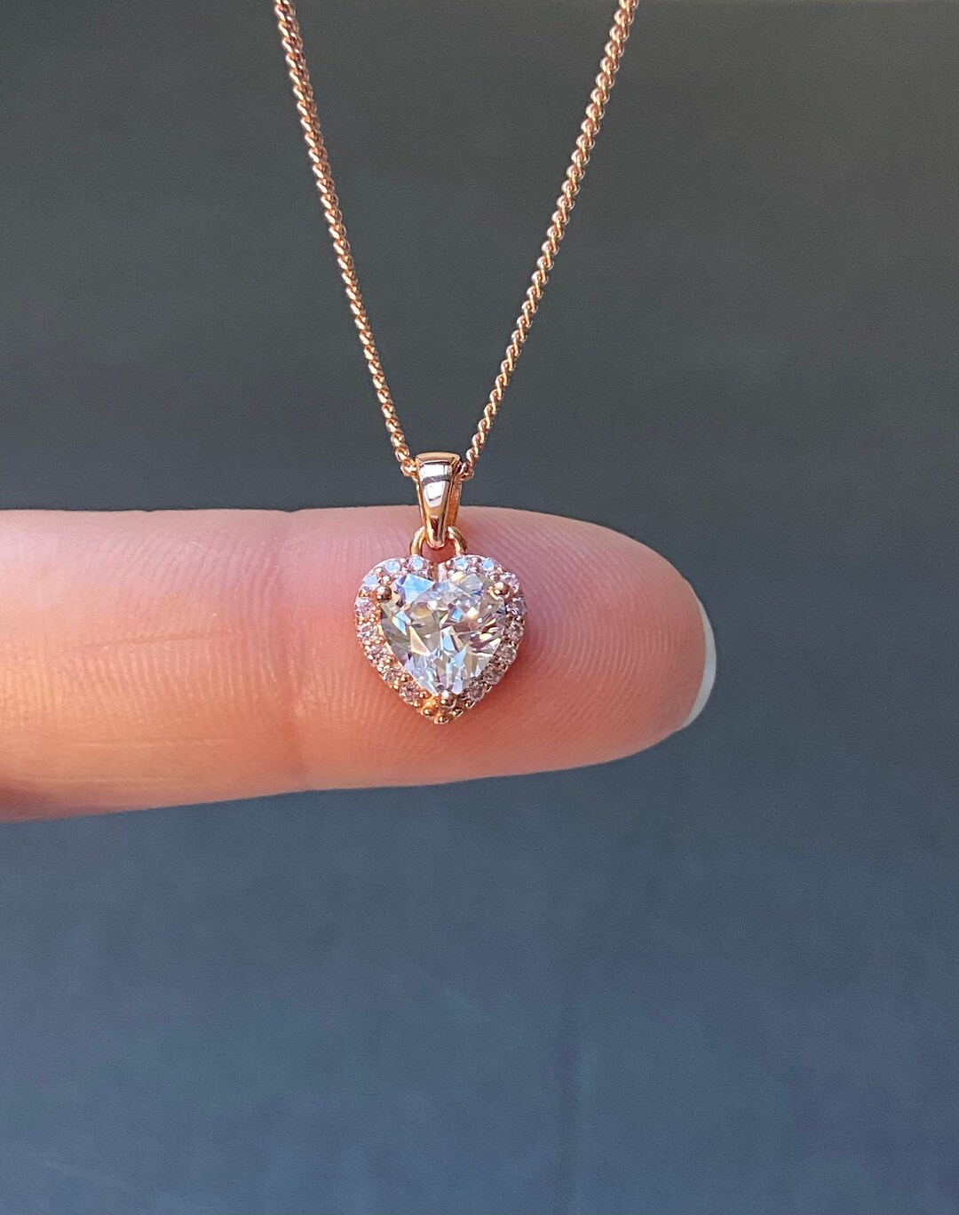 Rose Gold CZ Heart Necklace, Art Nouveau Sterling Silver Dainty ...